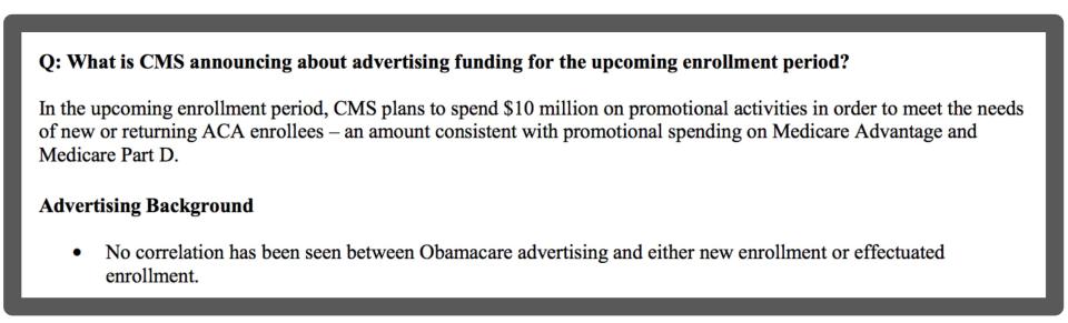 Fact sheet for reporters from the Department of Health and Human Services, distributed in August, 2017, with announcement of the Trump administration's 90 percent cut to advertising. (Photo: Department of Health and Human Services)