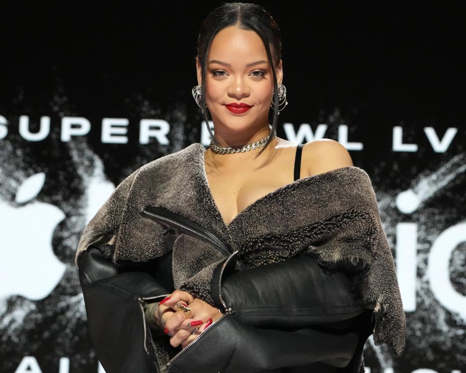 Rihanna poses on stage during the Apple Music Super Bowl LVII Halftime Show Press Conference at Phoenix Convention Center on February 09, 2023 in Phoenix, Arizona.