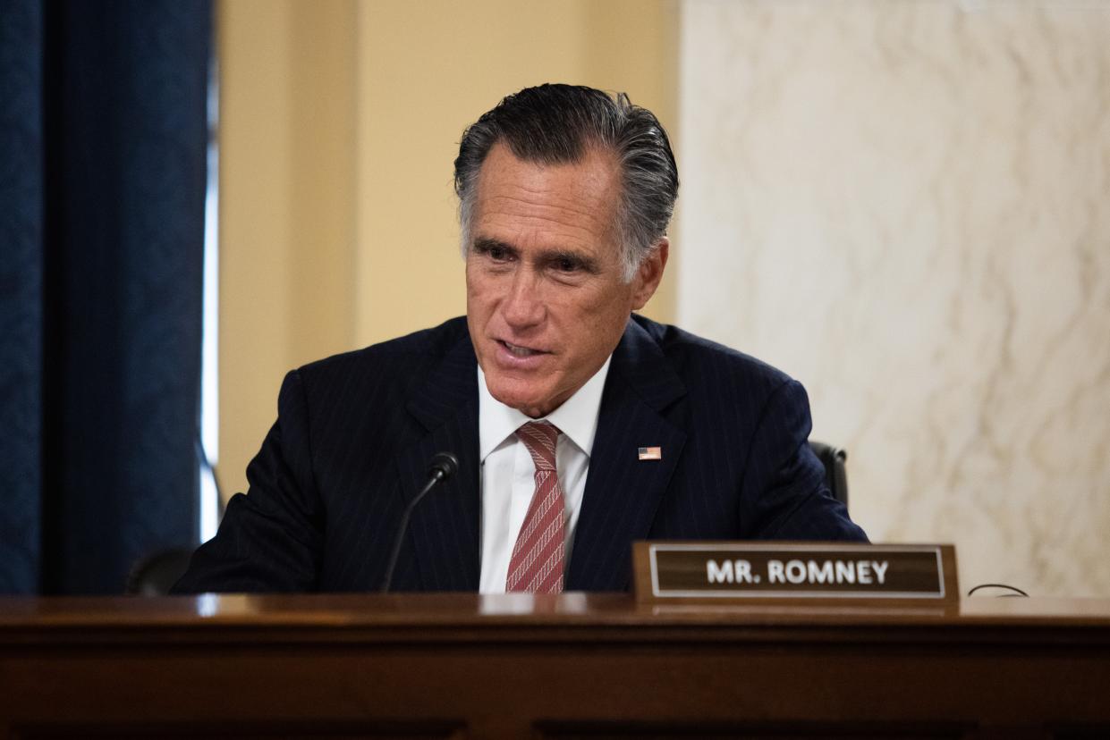 <p>File Image: Senator Mitt Romney (R-UT) speaks at the confirmation hearing for President-elect Joe Biden's nominee for Secretary of State Antony Blinken before the Senate Foreign Relations Committee on Capitol Hill 19 January 2021 in Washington DC</p> (Getty Images)