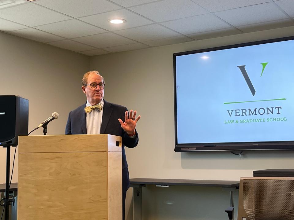 Rod Smolla, president of Vermont Law and Graduate School, speaks at the grand opening of the school's downtown Burlington location. The office will be the home of the school's new Center for Justice Reform Clinic, which will offer legal aid to people in the criminal justice system and immigrants.