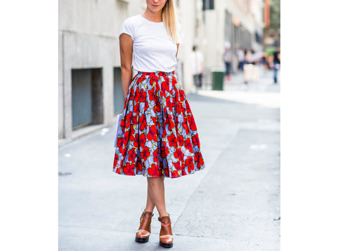 With a Printed Midi skirt and Wedges