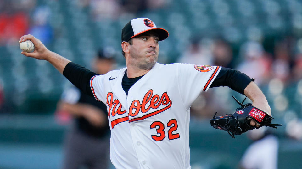 Baltimore Orioles starting pitcher Matt Harvey throws a pitch to the Tampa Bay Rays during the second inning of a baseball game, Tuesday, May 18, 2021, in Baltimore. (AP Photo/Julio Cortez)