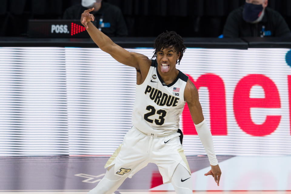 Purdue guard Jaden Ivey (23) celebrates hitting a 3-pointer during the Big Ten tournament on March 12. (Zach Bolinger/Icon Sportswire via Getty Images)