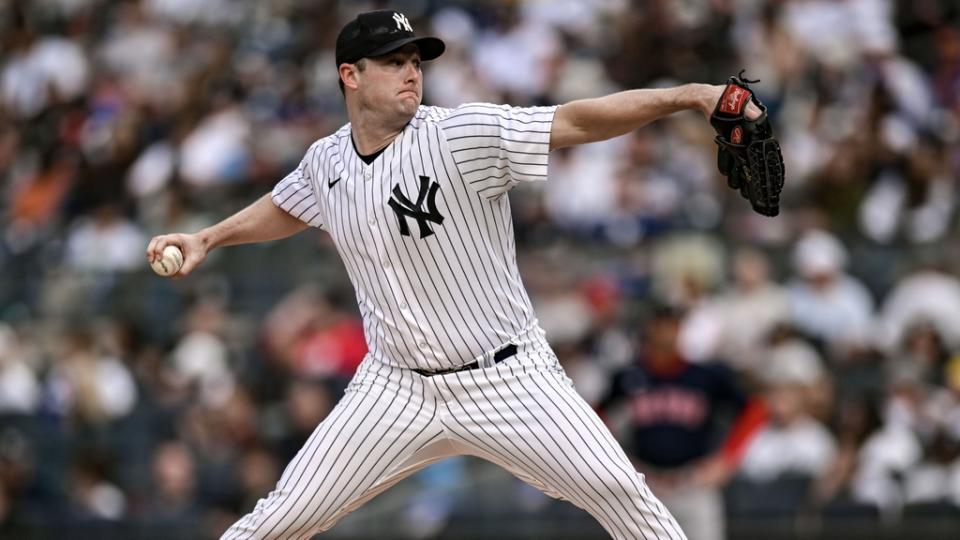 New York Yankees starting pitcher Gerrit Cole (45) pitches against the Boston Red Sox in the first inning at Yankee Stadium