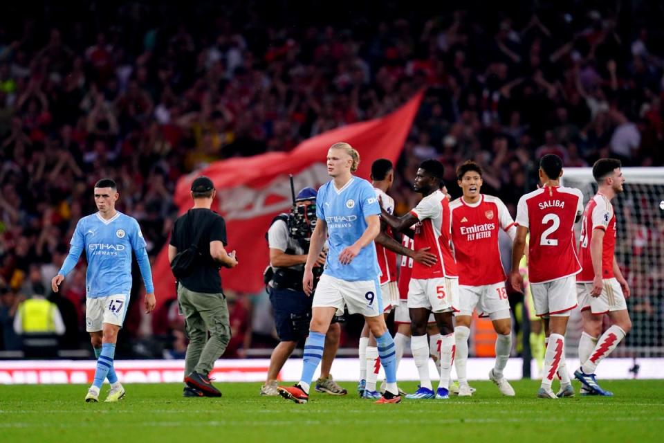 Arsenal players celebrate at the end of the win against Manchester City (John Walton/PA) (PA Wire)