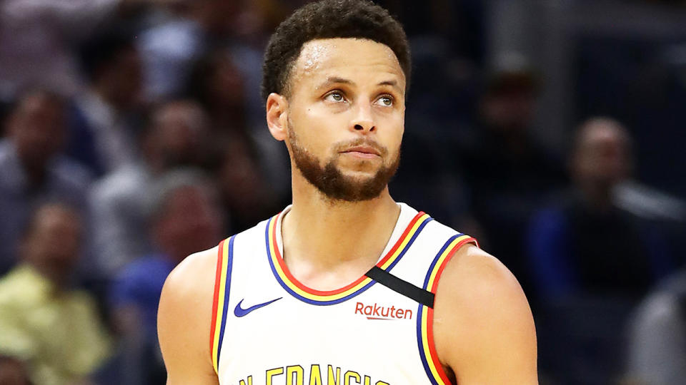 Steph Curry is pictured playing for the Golden State Warriors during the 2020 NBA season.