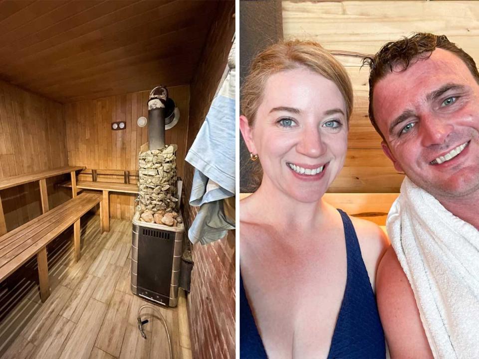 Side by side images of a sauna and two people in a sauna.