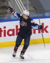 United States' Ryan Johnson celebrates his goal against Sweden during the second period of an IIHF World Junior Hockey Championship game Thursday, Dec. 31, 2020, in Edmonton, Alberta. (Jason Franson/The Canadian Press via AP)