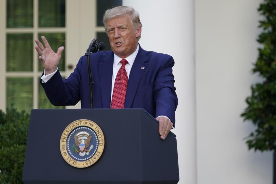 President Donald Trump speaks during a news conference in the Rose Garden of the White House: AP