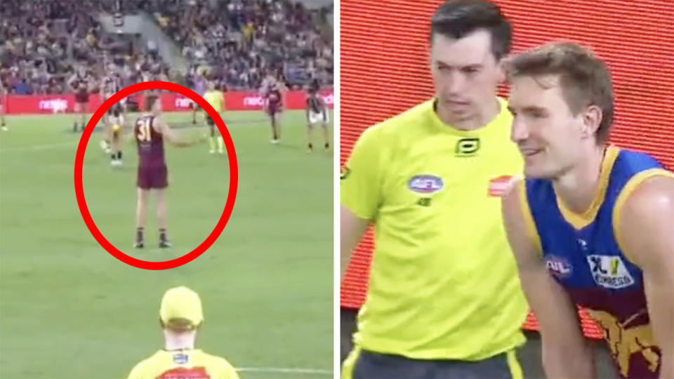 Brisbane's Harris Andrews had a 50m penalty paid against him in round 4 for raising his arms in protest at a free kick. Pictures: Fox Footy