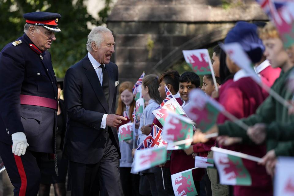 King Charles III meets the local community after a Service of Prayer and Reflection for the life of Queen Elizabeth II, at Llandaff Cathedral