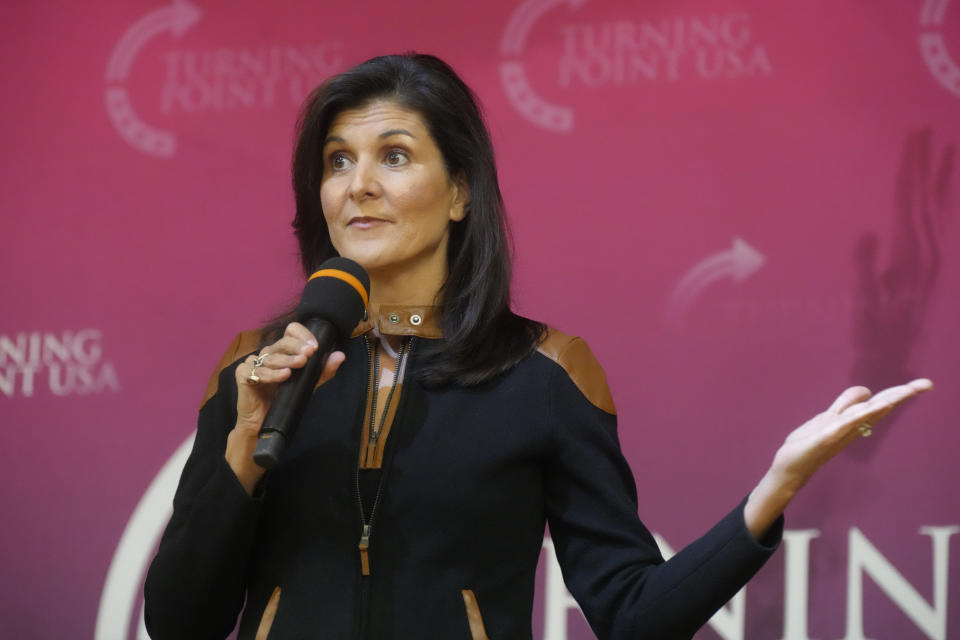 Former U.N. Ambassador and former South Carolina Gov. Nikki Haley speaks during an event sponsored by Turning Point USA at Clemson University on Tuesday, Nov. 29, 2022, in Clemson, S.C. (AP Photo/Meg Kinnard)