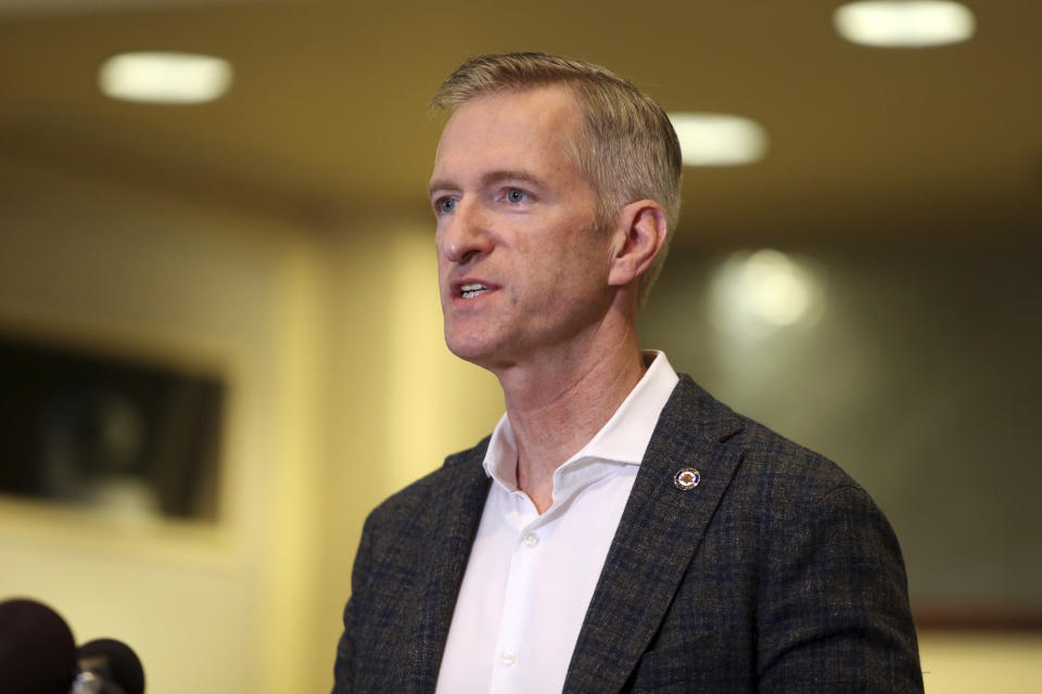 Portland Mayor Ted Wheeler calls for an end to violence in the city during a news conference Sunday, Aug. 30, 2020, a day after a demonstrator was shot and killed in downtown Portland on Saturday. (Sean Meagher/The Oregonian via AP)