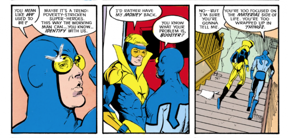 panels of Blue Beetle and Booster Gold having a conversation in the comics