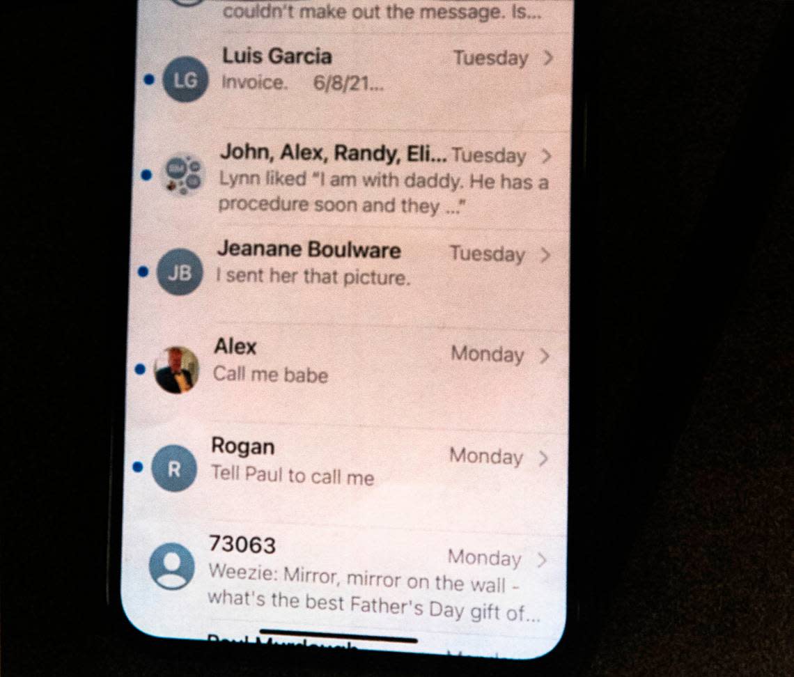 Texts on Maggie Murdaugh’s cellphone is show as evidence during Alex Murdaugh’s trial for murder at the Colleton County Courthouse on Tuesday, Jan. 31, 2023.