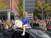 Celebrity photos: Geri Halliwell returned to The X Factor as a guest judge as the auditions kicked off this week. The star made a grand entrance, clambering out of her car and sitting on the roof, shouting to fans through a megaphone.