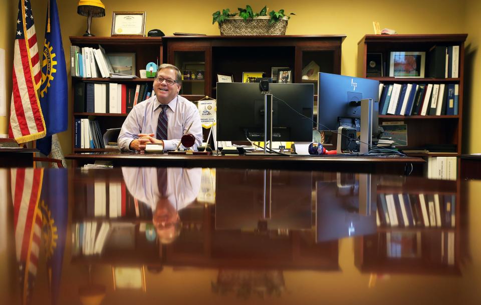 Tallmadge Mayor David Kline reflects upon his time working for the city in his office at Tallmadge City Hall on Wednesday.