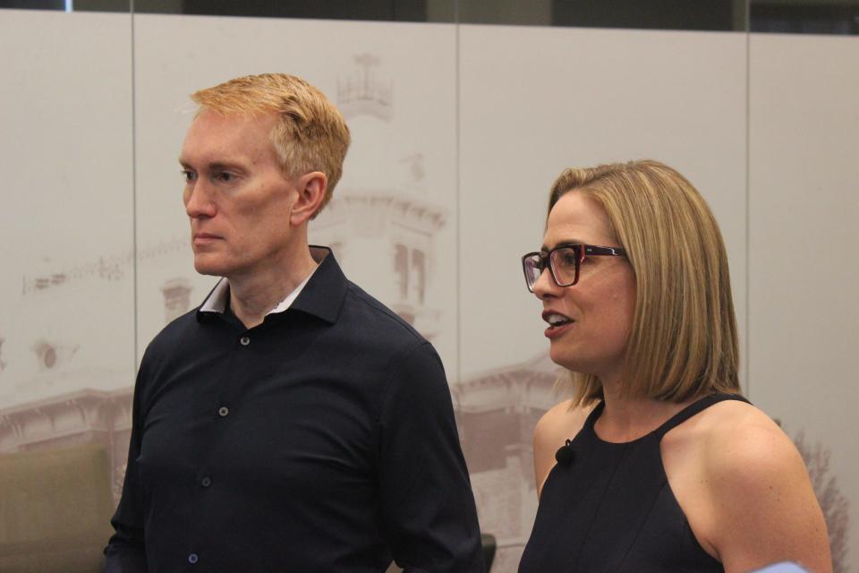 U.S. Sens. Kyrsten Sinema, I-Ariz., and James Lankford, R-Okla., meet with Tucson nonprofit and local leaders during a roundtable discussion to talk about the end of Title 42 at the Pima County Historic Courthouse on May 23, 2023.