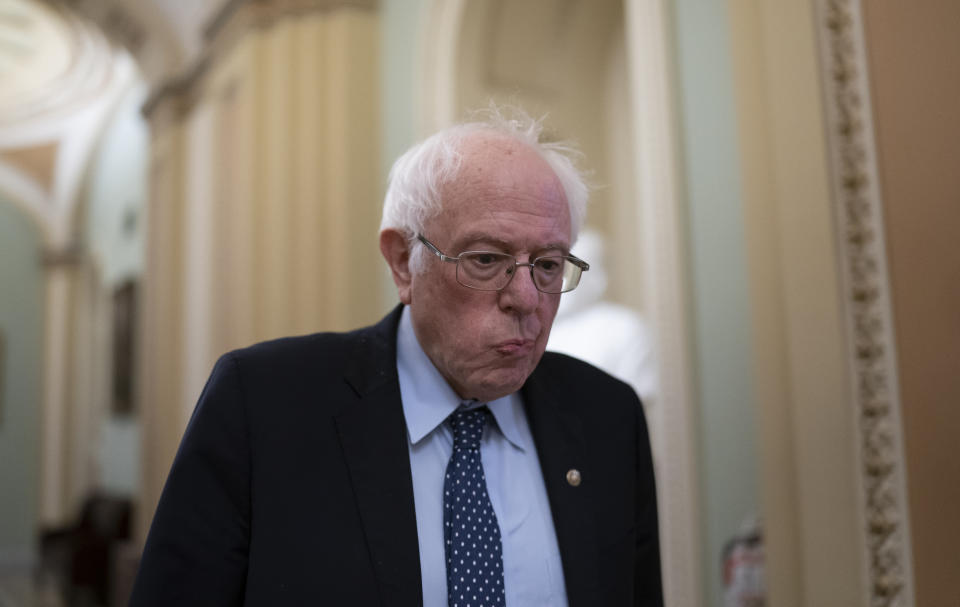 Sen. Bernie Sanders, I-Vt., leaves the Senate chamber during a break as the impeachment trial of President Donald Trump on Wednesday, Jan. 29, 2020. (AP Photo/J. Scott Applewhite)