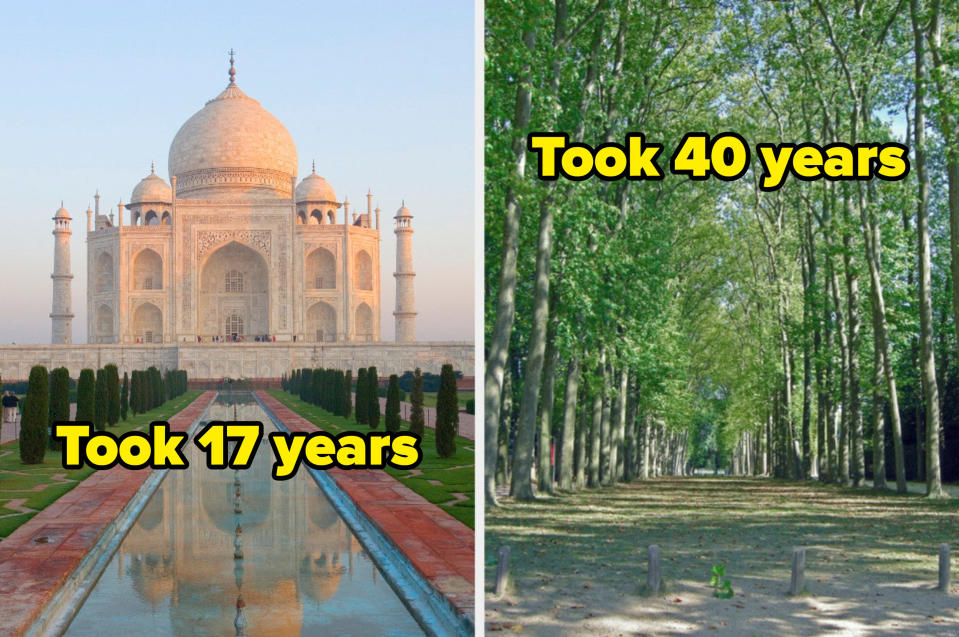 "Took 17 years" written over the Taj Mahal and "Took 40 years" written over the gardens of Versailles
