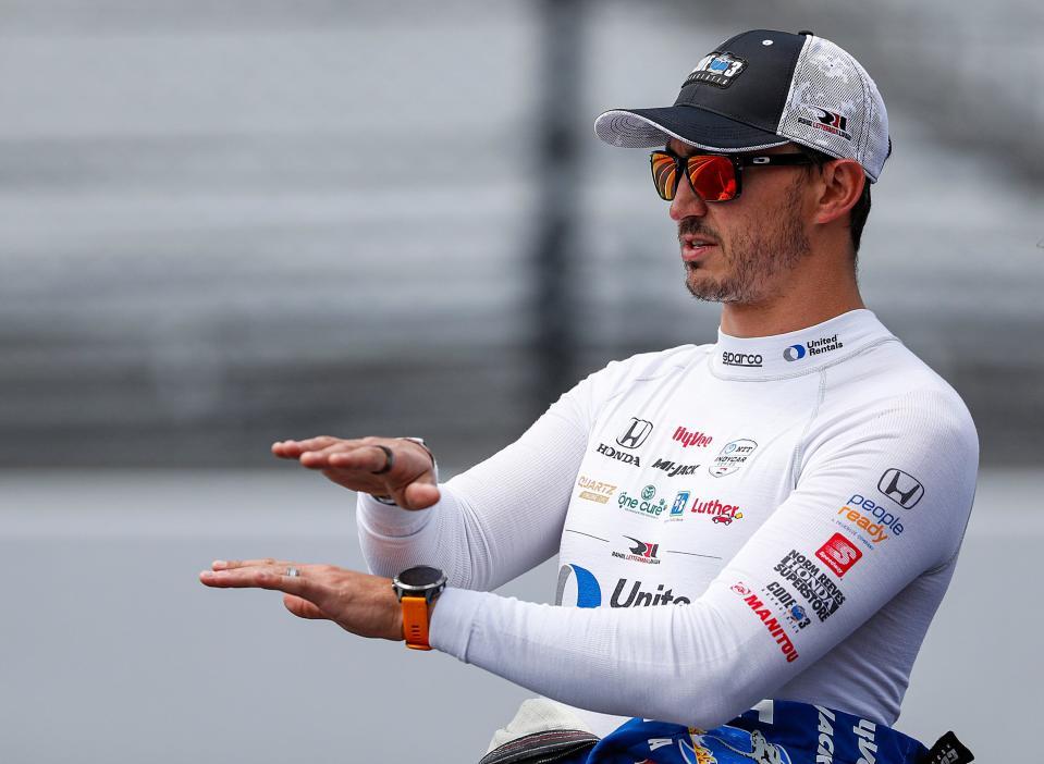 Rahal Letterman Lanigan Racing driver Graham Rahal (15) looks toward the track on Thursday, April 21, 2022, the second day of open testing at Indianapolis Motor Speedway ahead of the Indy 500. 