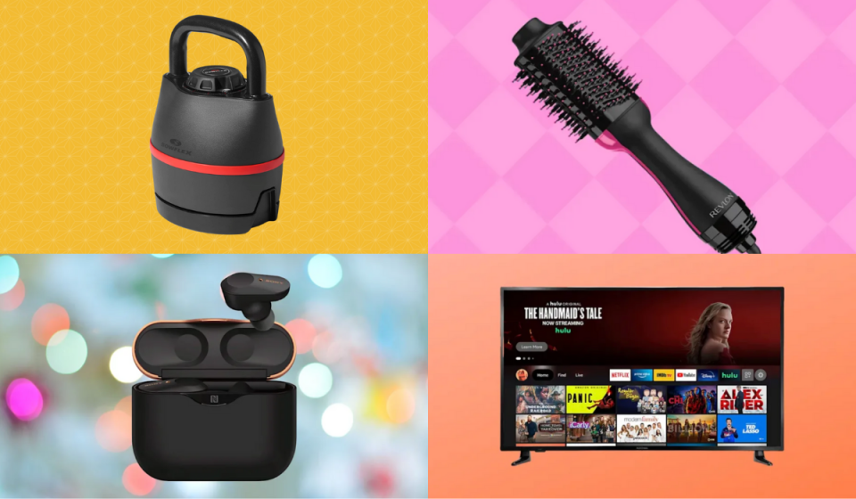 Images of items on sale at Amazon this weekend: BowFlex weights, the Revlon hair comb dryer, a 4K, and ear buds.