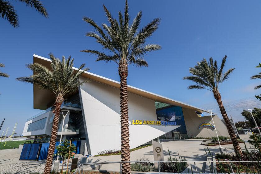 El Segundo, CA, Monday, July 8, 2024 - Strong diverse angles of walls, windows, rooms and stairs are featured in the architecture at "The Bolt," the newly constructed home of the LA Chargers. (Robert Gauthier/Los Angeles Times)