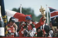 Lauda celebrates winning the British GP.