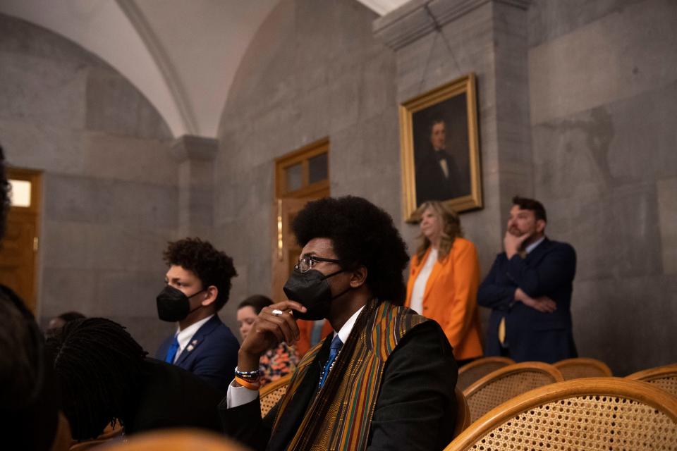 Rep. Justin Pearson, D- Memphis, listens during a news conference concerning the TSU board at the Tennessee Capitol in Nashville, Tenn., Thursday, March 28, 2024.