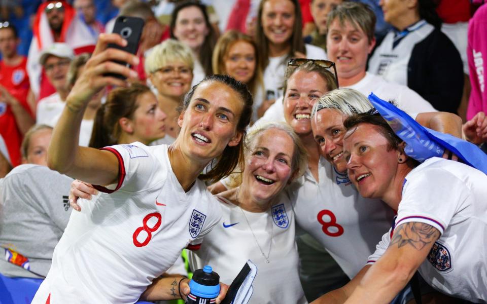 Jill Scott of England takes a selfie with friends and family after the 2019 FIFA Women's World Cup France Quarter Final match between Norway and England on June 27, 2019 in Le Havre, France -  Getty Images