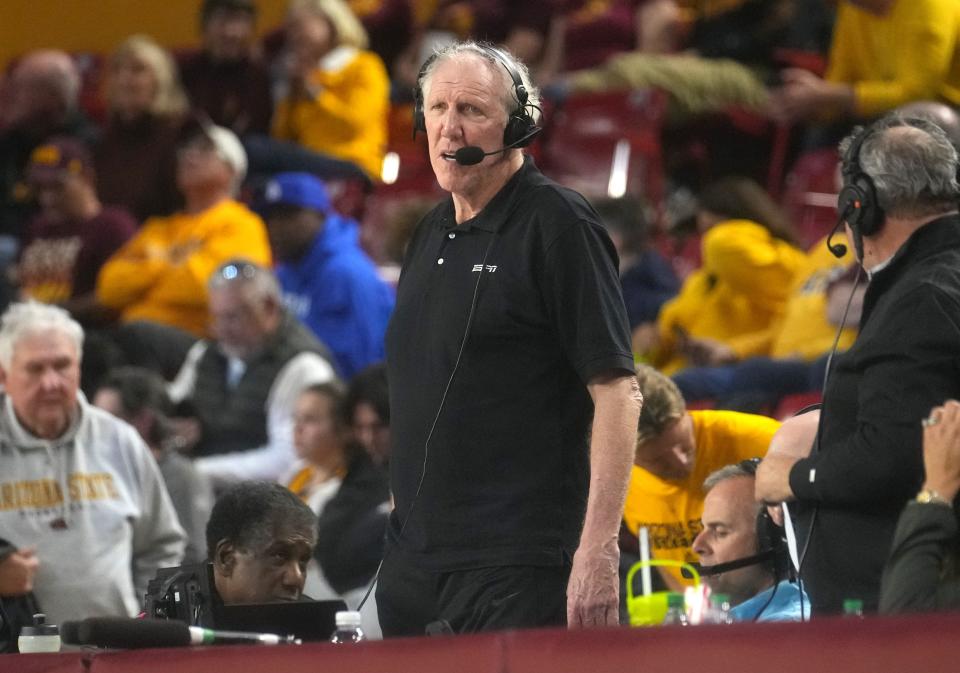 Hall of Famer Bill Walton covers the Arizona State-USC game in Tempe, Ariz., in January. On Wednesday, ESPN's upcoming 30 for 30 documentary on Walton will premiere at South by Southwest. Walton said he's looking forward to some good Tex-Mex and to pay homage to Austin's Willie Nelson statue.