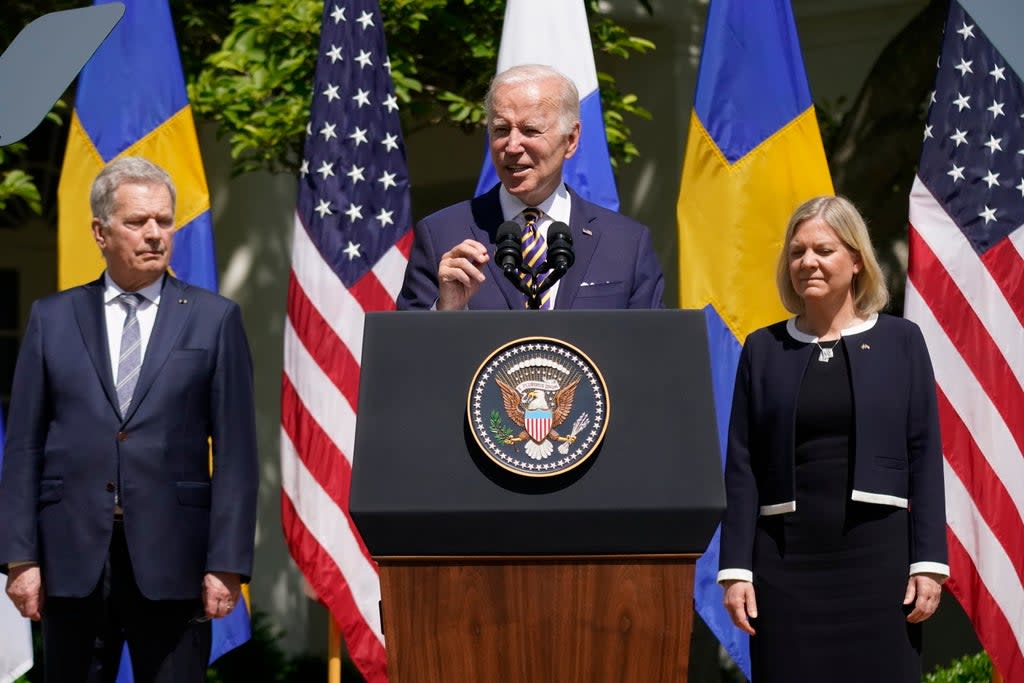 President Joe Biden accompanied by Swedish Prime Minister Magdalena Andersson and Finnish President Sauli Niinisto, speaks in the Rose Garden of the White House in Washington, Thursday, May 19, 2022. (AP Photo/Andrew Harnik) (AP)