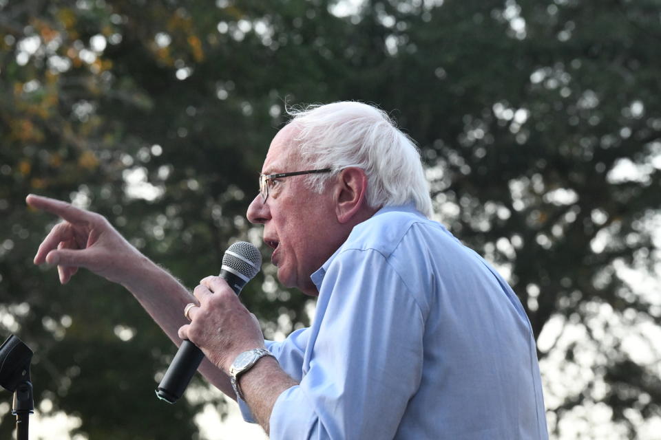 Democratic Presidential hopeful and Vermont Sen. Bernie Sanders addresses a town hall gathering on climate change on Thursday, Aug. 29, 2019, in Myrtle Beach, S.C. (AP Photo/Meg Kinnard)