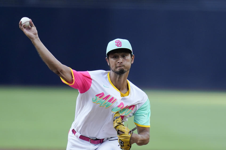 San Diego Padres starting pitcher Yu Darvish works against an Arizona Diamondbacks batter during the first inning of a baseball game Wednesday, Sept. 7, 2022, in San Diego. (AP Photo/Gregory Bull)