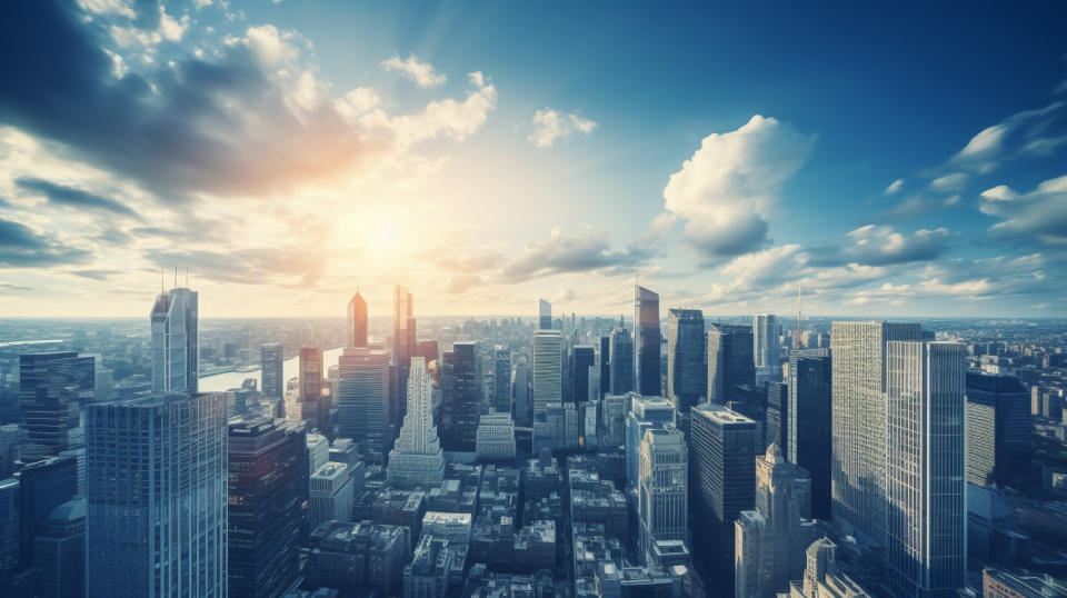 A view of a modern city skyline from the top of a financial institution, symbolizing the company's investments in the local area.