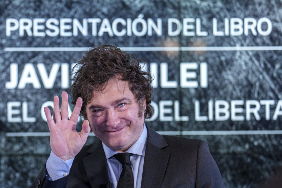 Argentina's President Javier Milei gestures as he presents his book "El camino del libertario" in Madrid, Spain, Friday, May 17, 2024. (AP Photo/Manu Fernandez)