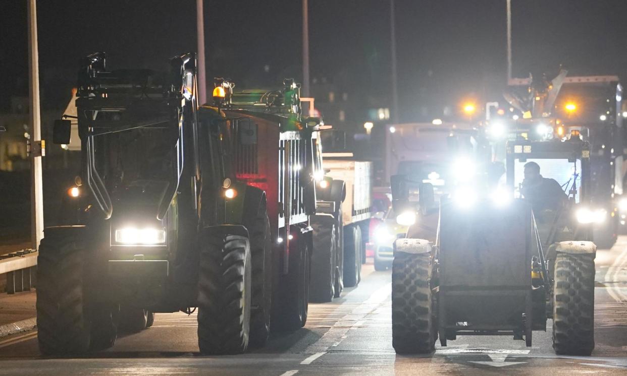 <span>Farmers disrupt traffic around the Port of Dover this month as they protest against cheap meat imports.</span><span>Photograph: Gareth Fuller/PA</span>