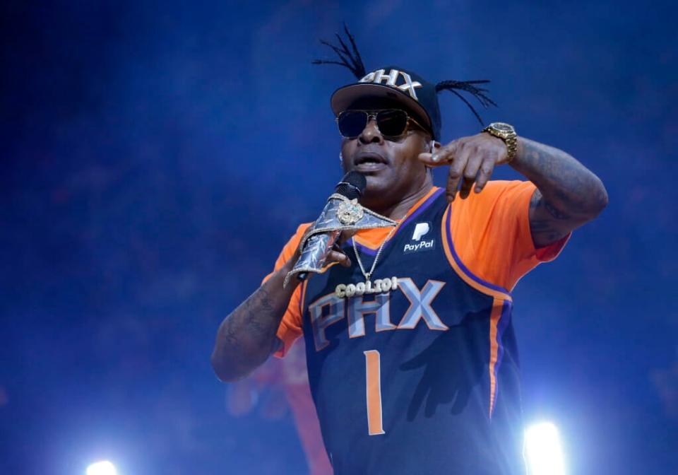 Coolio performs at halftime of an NBA basketball game between the Phoenix Suns and the New Orleans Pelicans on April 5, 2019, in Phoenix. The rapper died from the effects of fentanyl, heroin and methamphetamine, the Los Angeles County coroner’s office reported Thursday. (AP Photo/Rick Scuteri, File)