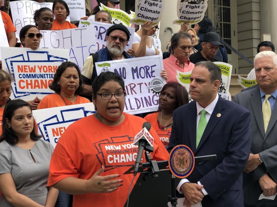 Rachel Rivera speaks at Monday's press conference, while Councilman Costa Constantinides stands to her right.&nbsp; (Photo: Alexander C Kaufman / HuffPost)