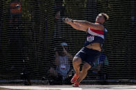 Rudy Winkler sets an American record during the finals of the men's hammer throw event at the U.S. Olympic Track and Field Trials Sunday, June 20, 2021, in Eugene, Ore. (AP Photo/Ashley Landis)