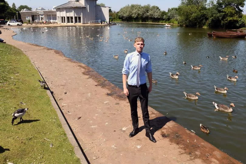 Councillor Oliver Freeston with swan and goose droppings at Cleethorpes Boating Lake