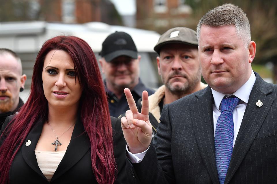 Far-right group Britain First leader Paul Golding (R) and deputy Jayda Fransen arrive at Folkestone magristrates court in Kent on January 29, 2018. They stand accused of causing religiously aggravated harassment. / AFP PHOTO / BEN STANSALL (Photo credit should read BEN STANSALL/AFP via Getty Images)