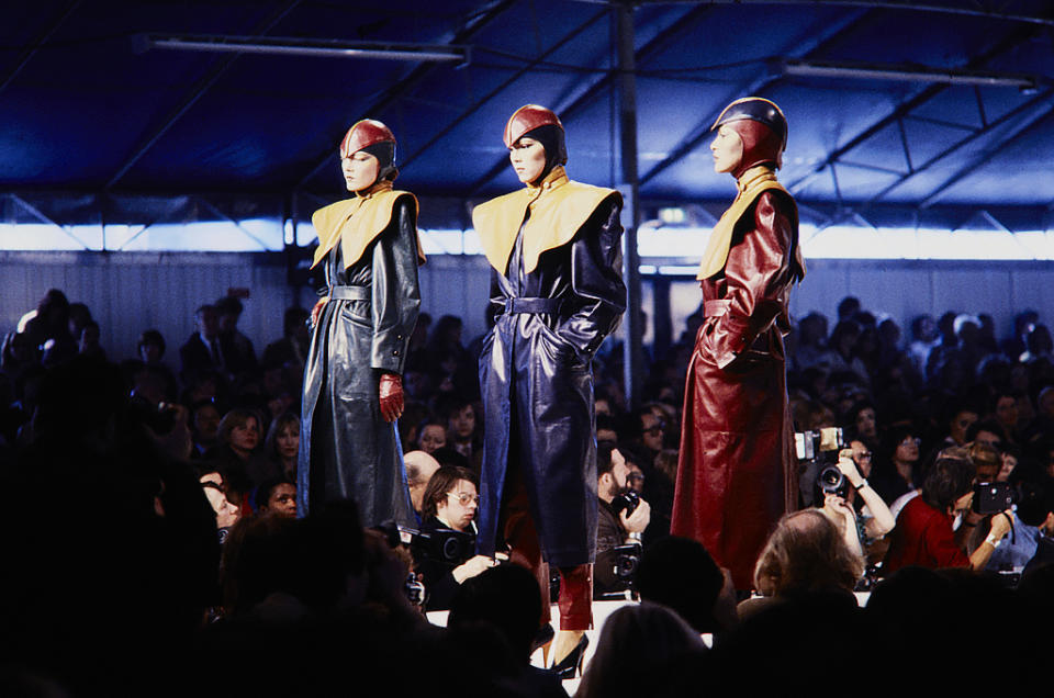 A model walks in the Claude Montana Fall 1979 Ready to Wear Runway Show, in Paris, France.