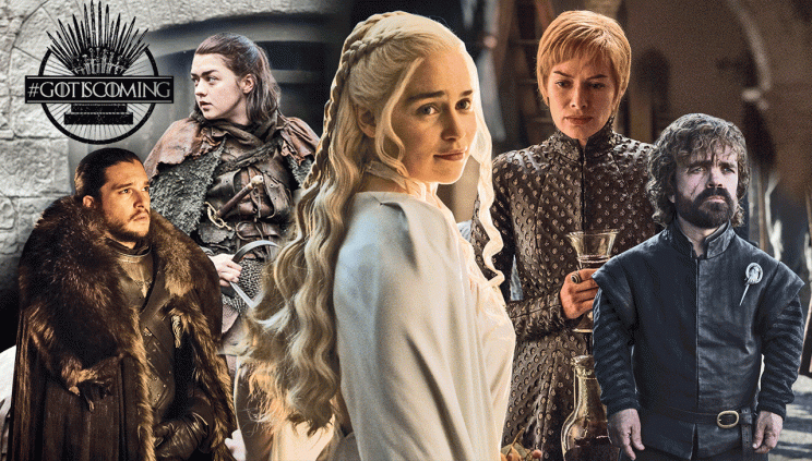 Kit Harington as Jon Snow, Maisie Williams as Arya Stark, Emilia Clarke as Daenerys Targaryen, Lena Headey as Cersei Lannister, and Peter Dinklage as Tyrion Lannister (Photo Credit: HBO)