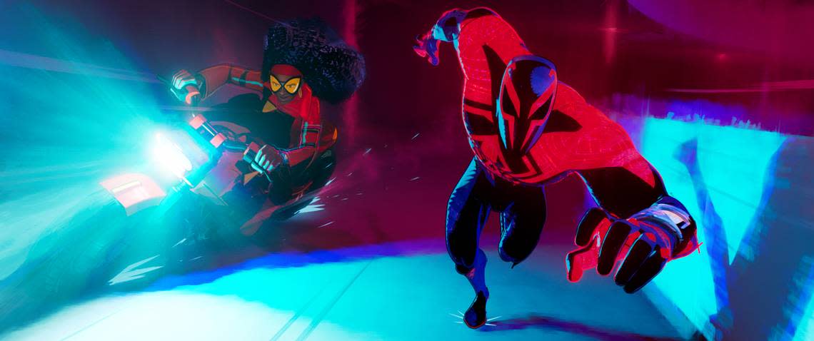 Jessica Drew (Issa Rae), left, and Miguel O’Hara (Oscar Isaac) in the movie “Spider-Man: Across the Spider-Verse.” A live concert version will be performed Sept. 29. Sony Pictures Animation/TNS