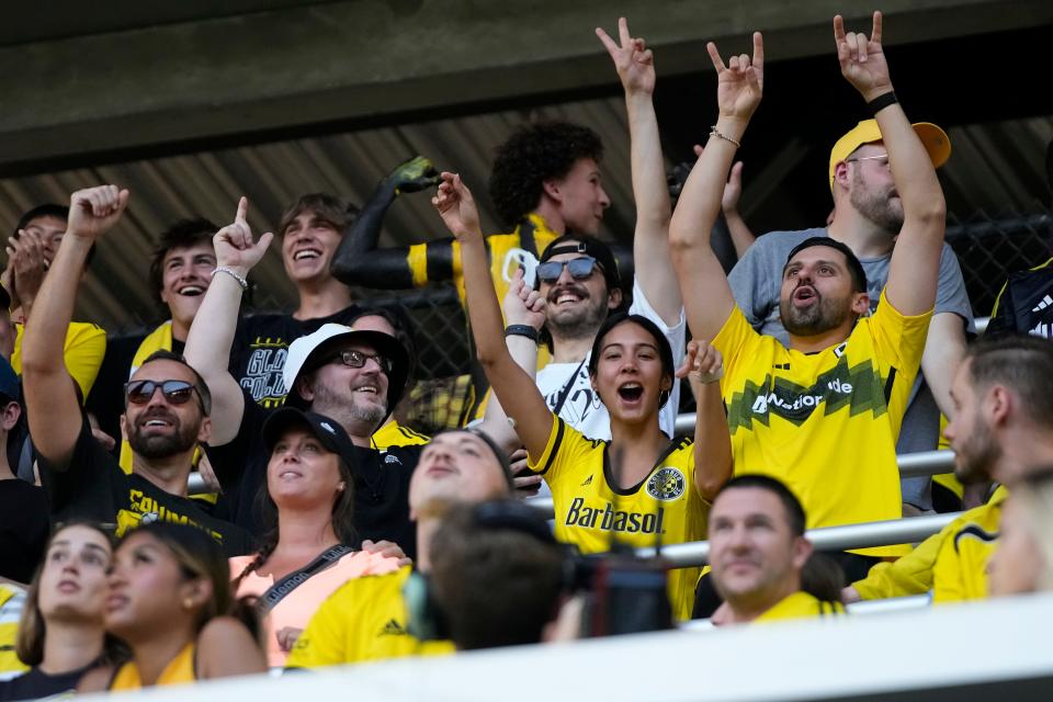 Aug 13, 2024; Columbus, Ohio, USA; Columbus Crew fans cheer prior to the Leagues Cup round of 16 game against Inter Miami CF at Lower.com Field. The Crew won 3-2.