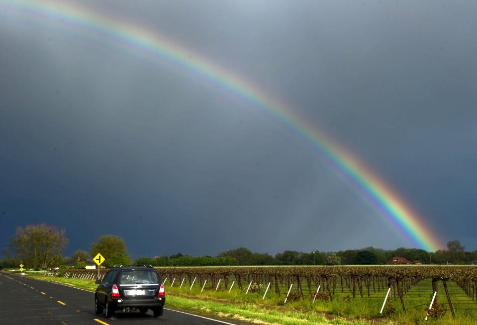 A rainbow arcs in the sky east of Woodbridge seen from Woodbridge and Dustin Roads in Acampo on Apr. 13, 2012.