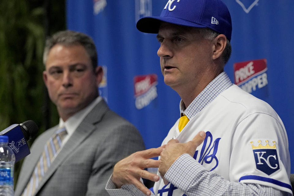 Matt Quatraro talks to the media as general manager J.J. Piccolo looks on during a press conference announcing him as the new manager of the Kansas City Royals baseball team Thursday, Nov. 3, 2022, in Kansas City, Mo. (AP Photo/Charlie Riedel)