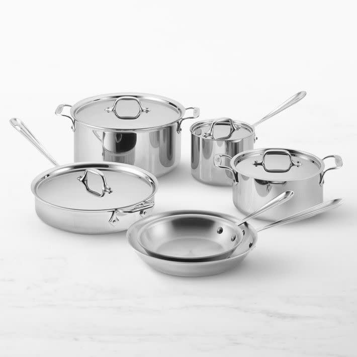 <p><a href="https://go.redirectingat.com?id=74968X1596630&url=https%3A%2F%2Fwww.williams-sonoma.com%2Fproducts%2Fall-clad-tri-ply-stainless-steel-10-piece-cookware-set&sref=https%3A%2F%2F" rel="nofollow noopener" target="_blank" data-ylk="slk:Shop Now;elm:context_link;itc:0;sec:content-canvas" class="link ">Shop Now</a></p><p>Stainless Steel 10-Piece Cookware Set</p><p>williams-sonoma.com</p><p>$699.95</p><span class="copyright">All-Clad</span>