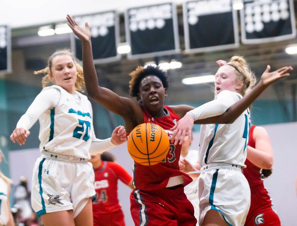Evangelical Christian School's Jarcerriya (China) Jenkins (13) loses the ball during the girls basketball game between Gulf Coast and Evangelical Christian School on Monday, Jan. 24, 2022 at Gulf Coast High School in Naples, Fla.